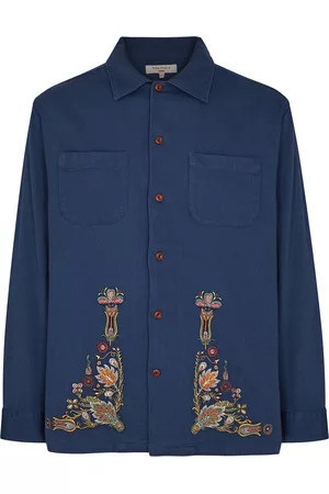 Nudie Jeans Men Floral Jackets - Vincent Floral-embroidered Cotton Overshirt - Blue - L