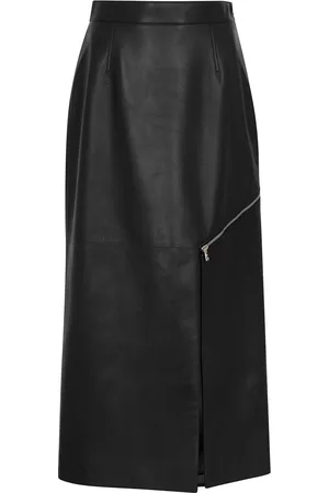 Alexander McQueen Women Leather Skirts - Leather Midi Skirt - Black - 12
