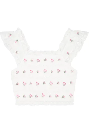 LOVESHACKFANCY Cordula Floral-embroidered Smocked Cotton top - - L (UK14 / L)