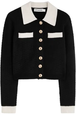 Self-Portrait Contrast-trim Waffle-knit Cardigan - - L (UK14 / L)