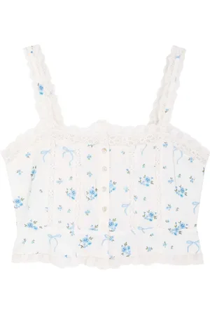 LOVESHACKFANCY Vietta Ribbed Floral and Bow-embroidered Cotton top - - L (UK14 / L)