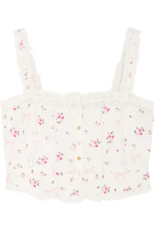 LOVESHACKFANCY Vietta Ribbed Floral and Bow-embroidered Cotton top - - M (UK12 / M)