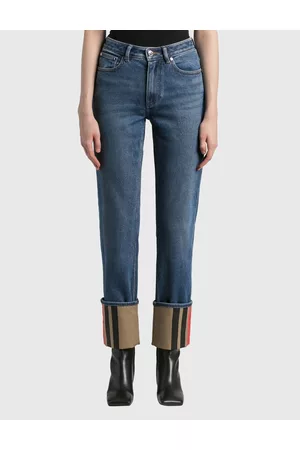 Burberry Women Straight Jeans - Straight Fit Striped Cuff Washed Jeans