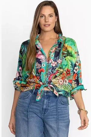 JOHNNY WAS Allbee Embroidered Floral Geometric Print Ruffle Banded Collar  Long Sleeve Button Front Scallop Hem Blouse