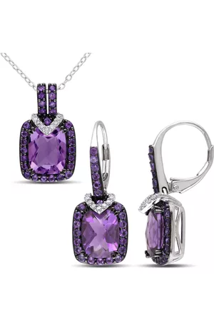 Amour Women Earrings - Sterling Silver 1/6 CT TW Diamond and 7 3/4 CT TGW Cushion-Cut Amethyst-Africa Vintage Earrings and Pendant With Chain Set