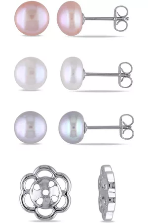 Amour Sterling Silver 8 - 9 MM White, Pink and Freshwater Cultured Pearl Earring Set and Interchangeable Flower Jacket