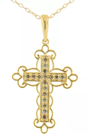 Haus of Brilliance Women Necklaces - 10K Yellow Plated .925 Sterling Silver 1/4 Cttw Champagne Diamond Filigree Cross 18'' Pendant Necklace (K-L Color, I1-I2 Clarity)