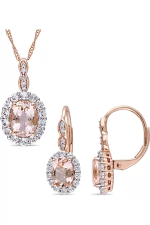 Amour Women Earrings - 14k Rose Gold 4 CT TGW Morganite, White Topaz and Diamond Accent Vintage Pendant with Chain and Earrings Set