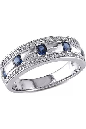 Amour Men Band Rings - 10k White Gold 1/4 CT TDW Diamond and Sapphire Anniversary Band Ring