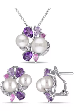 Amour Women Earrings - Silver 4 CT TGW Created White and Pink Sapphire, Amethyst, Rose de France and Pearl Earrings and Pendant with Chain Set