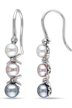 Amour White, Pink and Cultured Freshwater Pearl and Diamond Drop Earrings in Sterling Silver