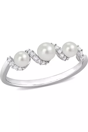 Amour Women Rings - Cultured Freshwater Pearl and 1/4 CT TGW Created White SapphireSwirl Ring in Sterling Silver