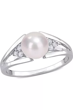 Amour 7-7.5mm Freshwater Cultured Pearl and Diamond Accent Split-Shank Ring in Sterling Silver