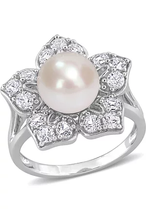 Amour 8.5-9mm Freshwater Cultured Pearl and 1 1/3 CT TGW Created White Sapphire Floral Pearl Ring In Sterling Silver