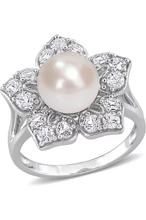 Amour 8.5-9mm Freshwater Cultured Pearl and 1 1/3 CT TGW Created White Sapphire Floral Pearl Ring in Sterling Silver