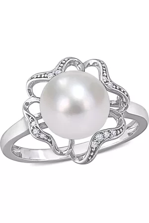 Amour 9-9.5mm Freshwater Cultured Pearl and Diamond-accent Floral Cocktail Ring In Sterling Silver