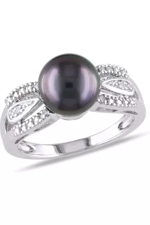 Amour Women Rings - 9 - 9.5 MM Tahitian Pearl and Diamond Split Shank Ring in Sterling Silver