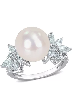 Amour 11-12mm Cultured Freshwater Pearl and 1 1/5 CT TGW Aquamarine and 1/10 CT TW Diamond Flower Ring in Sterling Silver