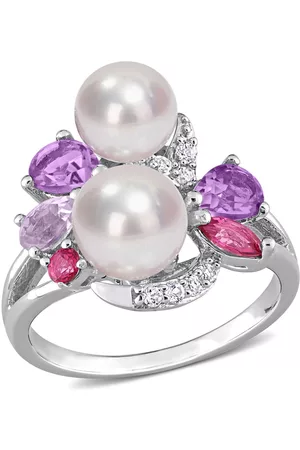 Amour Cultured Freshwater Pearl and 1 3/8 CT TGW Multi-gemstone Cocktail Ring In Sterling Silver