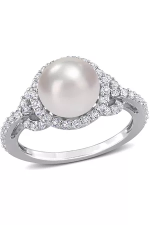 Amour 8.5-9mm Cultured Freshwater Pearl and 3/4 CT TGW White Topaz Halo Ring in Sterling Silver