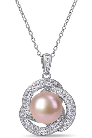 Amour 10.5 - 11 Mm Pink Cultured Freshwater Pearl and 3/4 CT TGW Cubic Zirconia Interlaced Halo Necklace In Sterling Silver