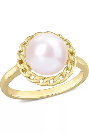 Amour Women Rings - 9-9.5mm Cultured Freshwater Pearl Halo Link Ring in Yellow Plated Sterling Silver