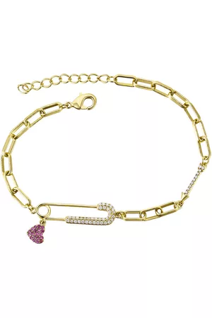 Megan Walford Bracelets - Children's 14k Gold Plated with Ruby & Diamond Cubic Zirconia Safety Pin Dangle Heart Charm Adjustable Bracelet