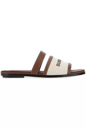 Burberry Leather And Cotton Canvas Logo Slide Sandals, Brand Size 39 ( US Size 9 )