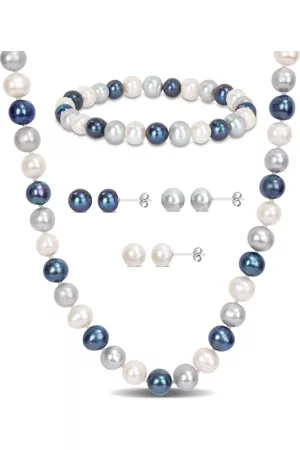 Amour 7.5-8mm Multi-Color Freshwater Cultured Pearl 5-Piece Set of Necklace Earrings & Bracelet in Sterling Silver