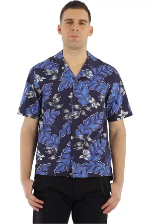 Moncler Men Hawaiian Shirts - Mens Navy Hawaiian-Print Cotton Shirt, Size Medium