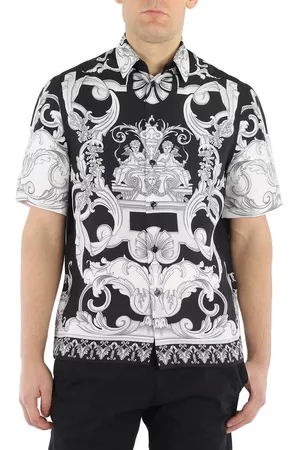 VERSACE Men Short sleeved Shirts - Baroque Print Short Sleeve Silk Shirt, Brand Size 46 (US Size 36)