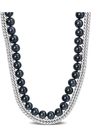 Amour Men Necklaces - Men's 7.5-8mm Cultured Freshwater Pearl and Double Curb-Link Chain 2-Strand Necklace in Bllack Plated Sterling Silver