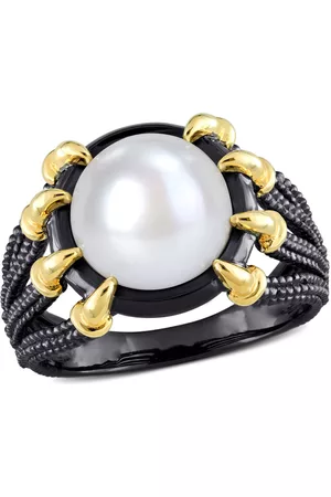 Amour Men Rings - 10.5 - 11 MM White Freshwater Cultured Pearl Fashion Ring Yellow Silver Rhodium Plated