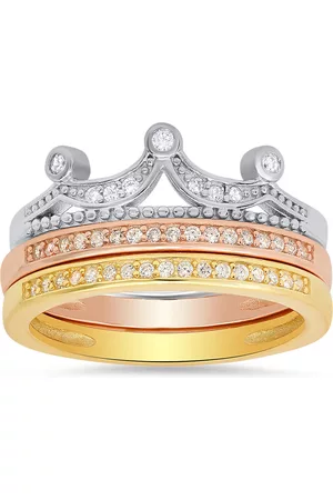 Kylie Harper Women Diamond Rings - Sterling Silver Tri-Color Crown Diamond CZ Stackable Ring Set