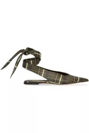 Burberry Women Mules - Dark Khaki Green Tartan Print Leather Tie Detail Point-Toe Mules, Brand Size 38 ( US Size 8 )