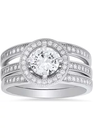 Kylie Harper Women Rings - Sterling Silver Round Cubic Zirconia CZ Halo 3pc Stackable Ring Set
