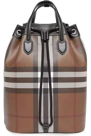 Burberry Men Wallets - Check Print Leather Drawcord Backpack In Dark Birch