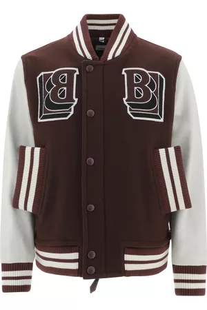 Burberry Men Leather Jackets - Deep Maroon Wool Blend Varsity Jacket With Leather Sleeves, Brand Size 46 (US Size 36)