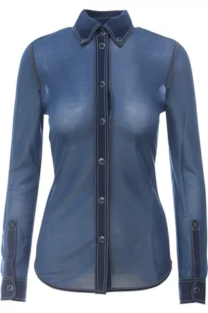 Burberry Women Sheer Shirts - Ladies Dark Carbon Blue Sheer Topstitch Button-Down Shirt, Brand Size 6 (US Size 4)