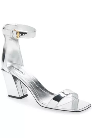 Burberry Women Ankle Strap Sandals - Ladies Silver Pirmont Metallic Ankle Strap Sandals, Brand Size 35 ( US Size 5 )