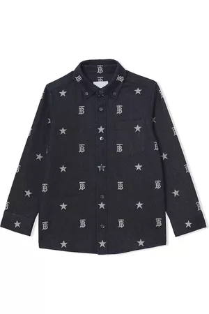 Burberry Boys Long Sleeved Shirts - Boys Indigo Monogram Motif Long Sleeve Cotton Shirt, Size 12Y