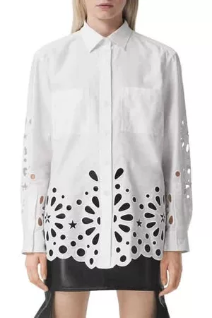 Burberry Women Shirts - Ladies White Coraline Scalloped Star-Eyelet Poplin Shirt, Brand Size 8 (US Size 6)