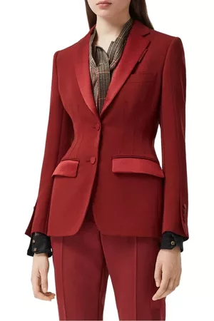 Burberry Women Blazers - Dark Carmine Otelia Satin Trim Wool Tuxedo Jacket, Brand Size 8 US Size 6)
