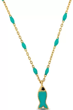 Amour Necklaces - Green Enamel Fish Necklace In 14K Yellow Gold