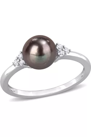 Amour Women Pearl Rings - 7.5 - 8 MM Freshwater Cultured Pearl and 1/5 CT TGW White Topaz Ring in Sterling Silver
