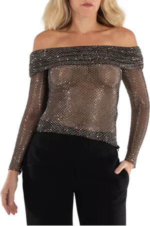 Self-Portrait Rhinestone Embellished Off-Shoulder Top, Brand Size 6 (US Size 2)