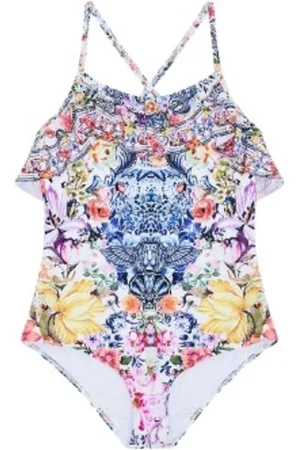 Camilla Girls Blue Swim Neck Frill One Piece, Size 14Y