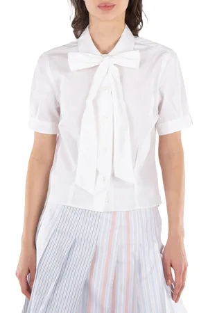 Thom Browne Short Sleeve Tucked Blouse W/ Bow In Poplin, Brand Size 40 (US Size 4)