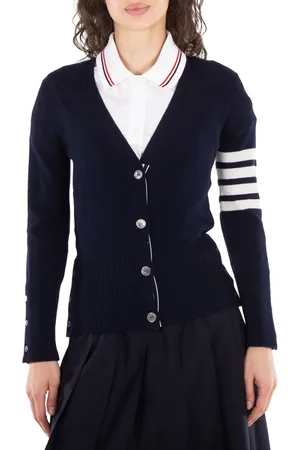 Thom Browne Ladies Navy Cashmere 4-Bar Classic V-Neck Cardigan, Brand Size 38 (US Size 2)