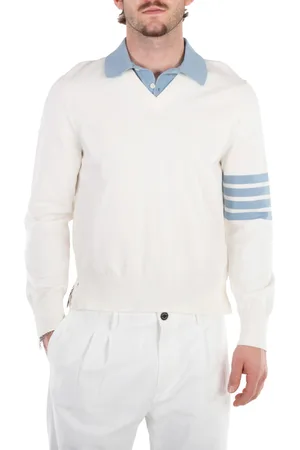 Thom Browne Mens Jersey 4-Bar V Neck Polo Pullover in White, Brand Size 2 (Medium)